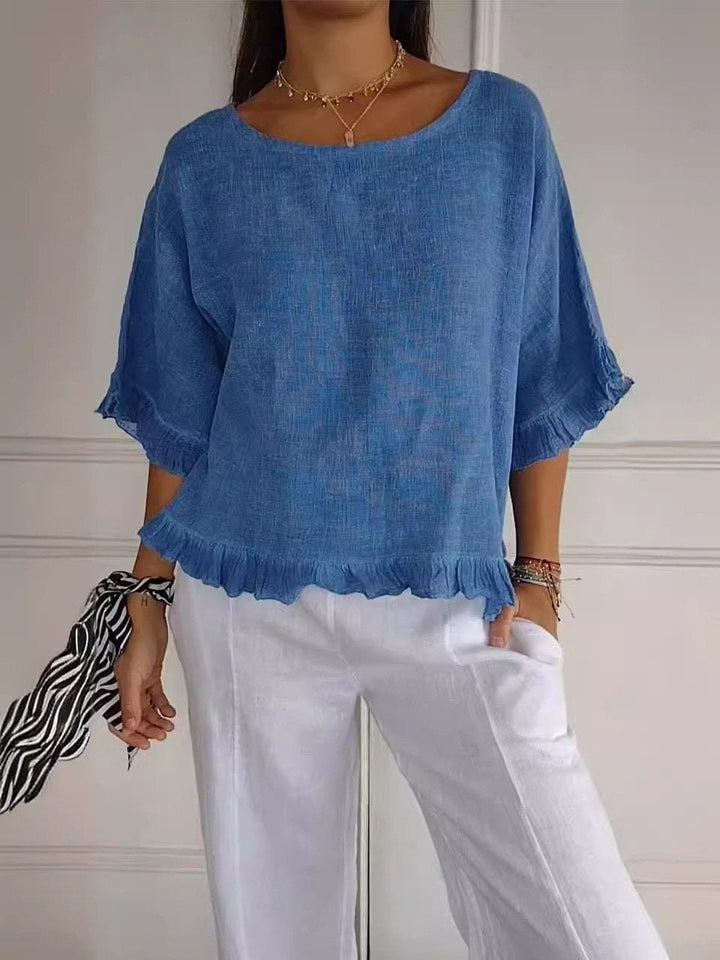 Women's Relaxed-Fit Ruffle-Hem Lightweight Linen Blend Blouse - Blue (Almost sold out)