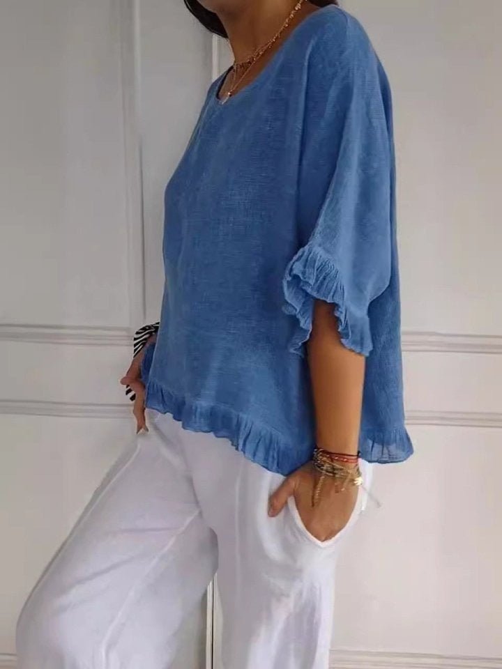Women's Relaxed-Fit Ruffle-Hem Lightweight Linen Blend Blouse