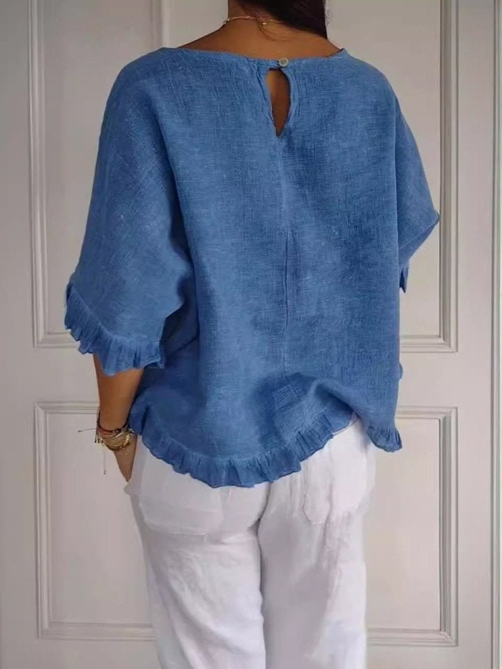 Women's Relaxed-Fit Ruffle-Hem Lightweight Linen Blend Blouse