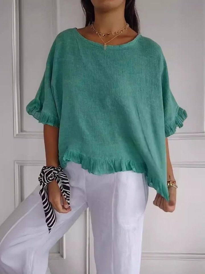 Women's Relaxed-Fit Ruffle-Hem Lightweight Linen Blend Blouse - Green (Almost sold out)