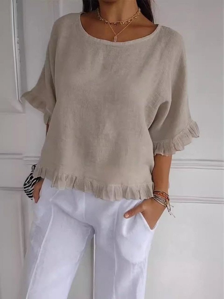 Women's Relaxed-Fit Ruffle-Hem Lightweight Linen Blend Blouse - Beige