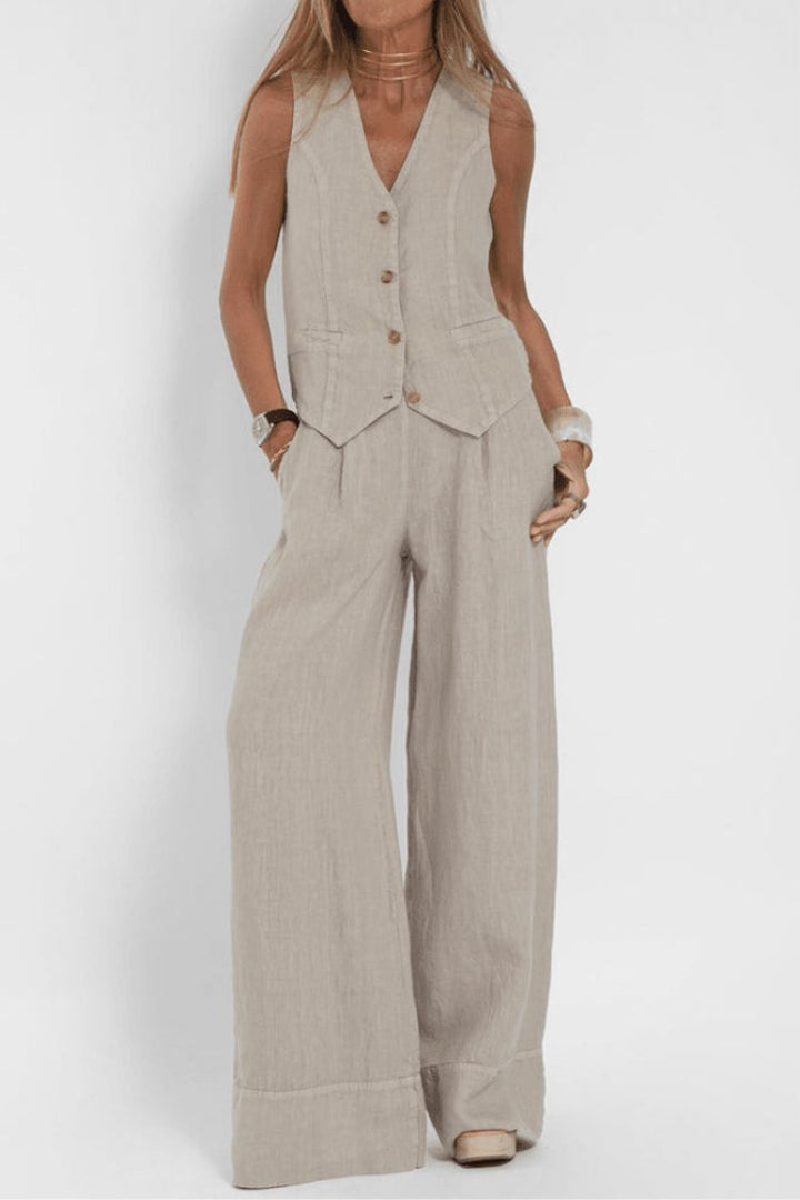 Women's Relaxed-Fit Sleeveless Vest Wide-Leg Pants Two-Piece Set - Beige
