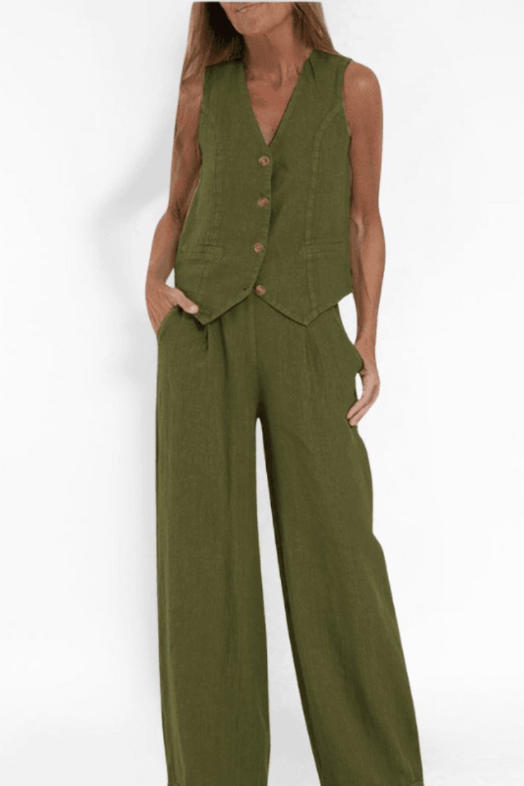 Women's Relaxed-Fit Sleeveless Vest Wide-Leg Pants Two-Piece Set - Green