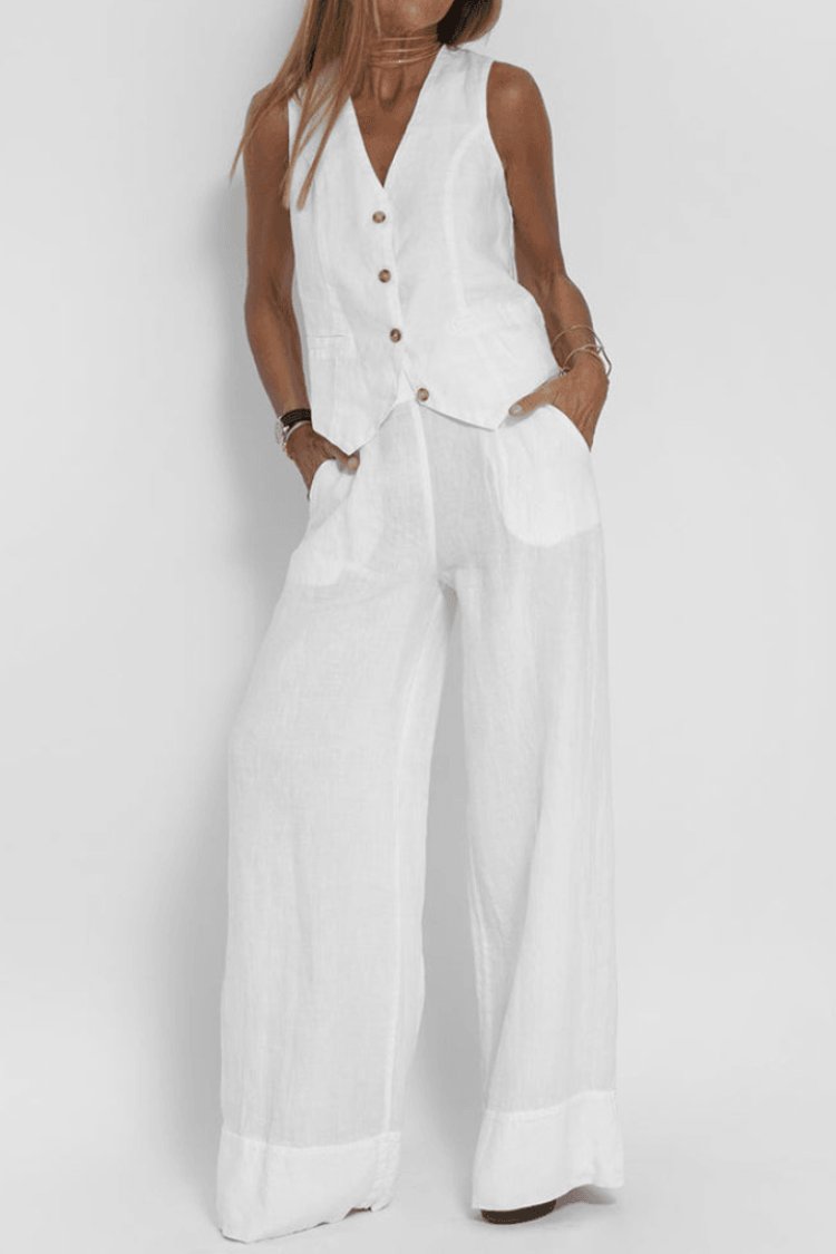 Women's Relaxed-Fit Sleeveless Vest Wide-Leg Pants Two-Piece Set - White