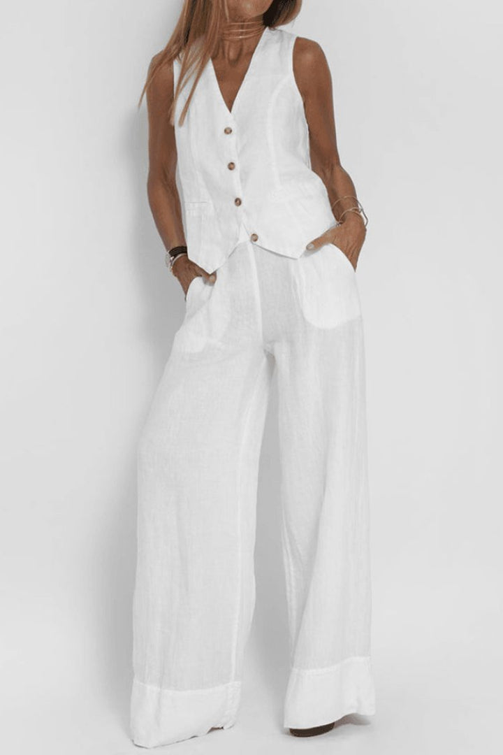 Women's Relaxed-Fit Sleeveless Vest Wide-Leg Pants Two-Piece Set - White