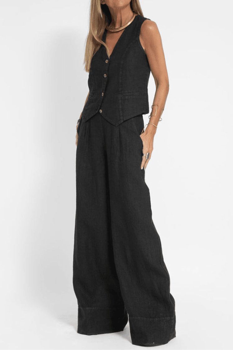 Women's Relaxed-Fit Sleeveless Vest Wide-Leg Pants Two-Piece Set - Black