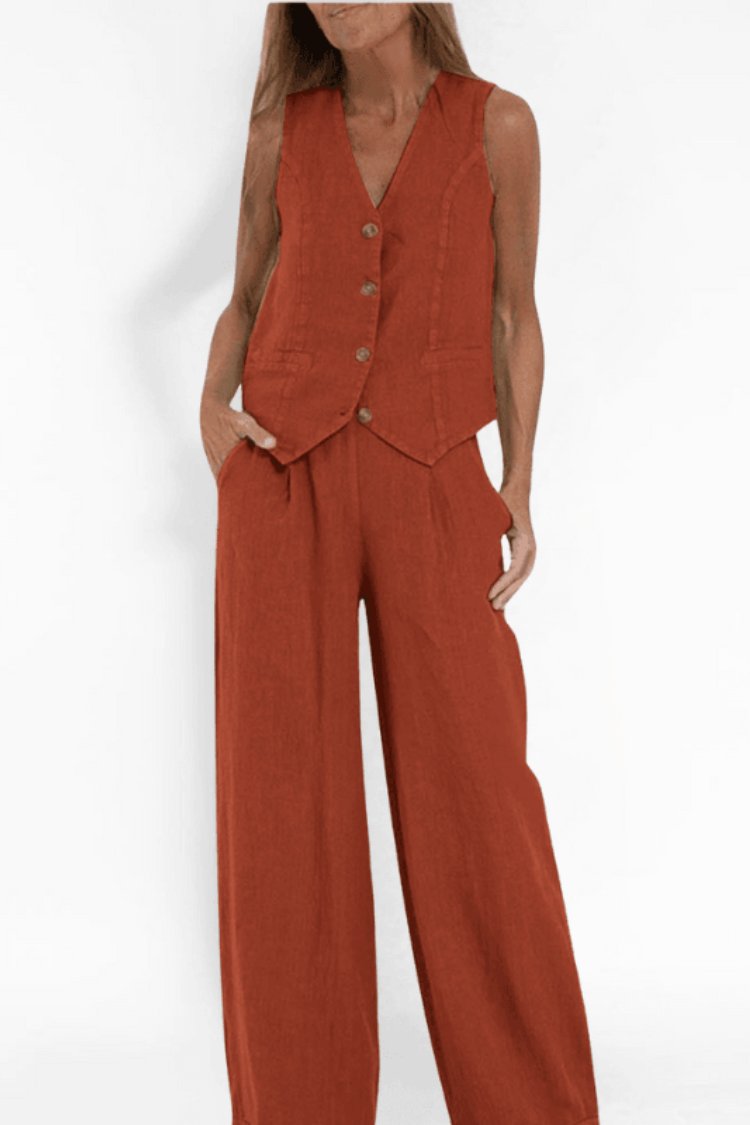 Women's Relaxed-Fit Sleeveless Vest Wide-Leg Pants Two-Piece Set - Orange