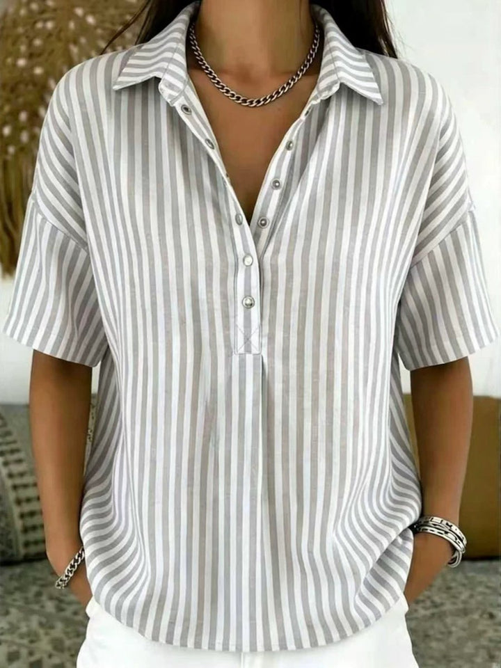 Women's Relaxed-Fit Striped Collared Short-Sleeve Blouse - Grey