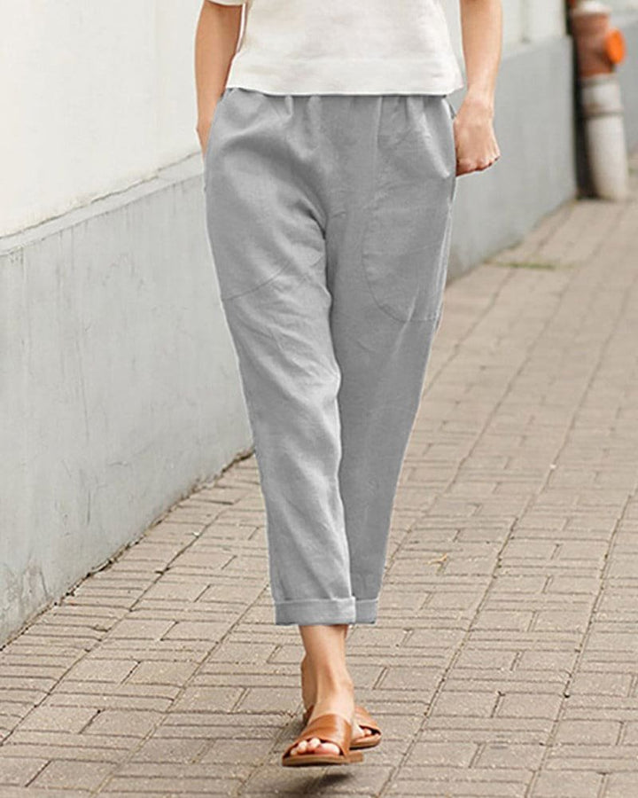 Women's Relaxed-Fit Tapered Linen-Cotton Pants Elastic Waist - Gray