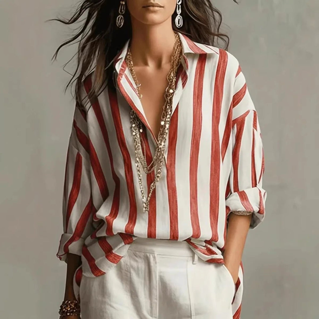 Women's Relaxed-Fit Vertical Striped Collared Linen-Style Blouse - Red