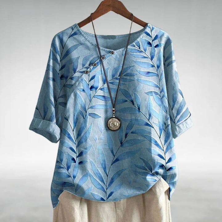 Women's Relaxed-Fit Watercolor Leaf-Print Linen-Look Top - Blue