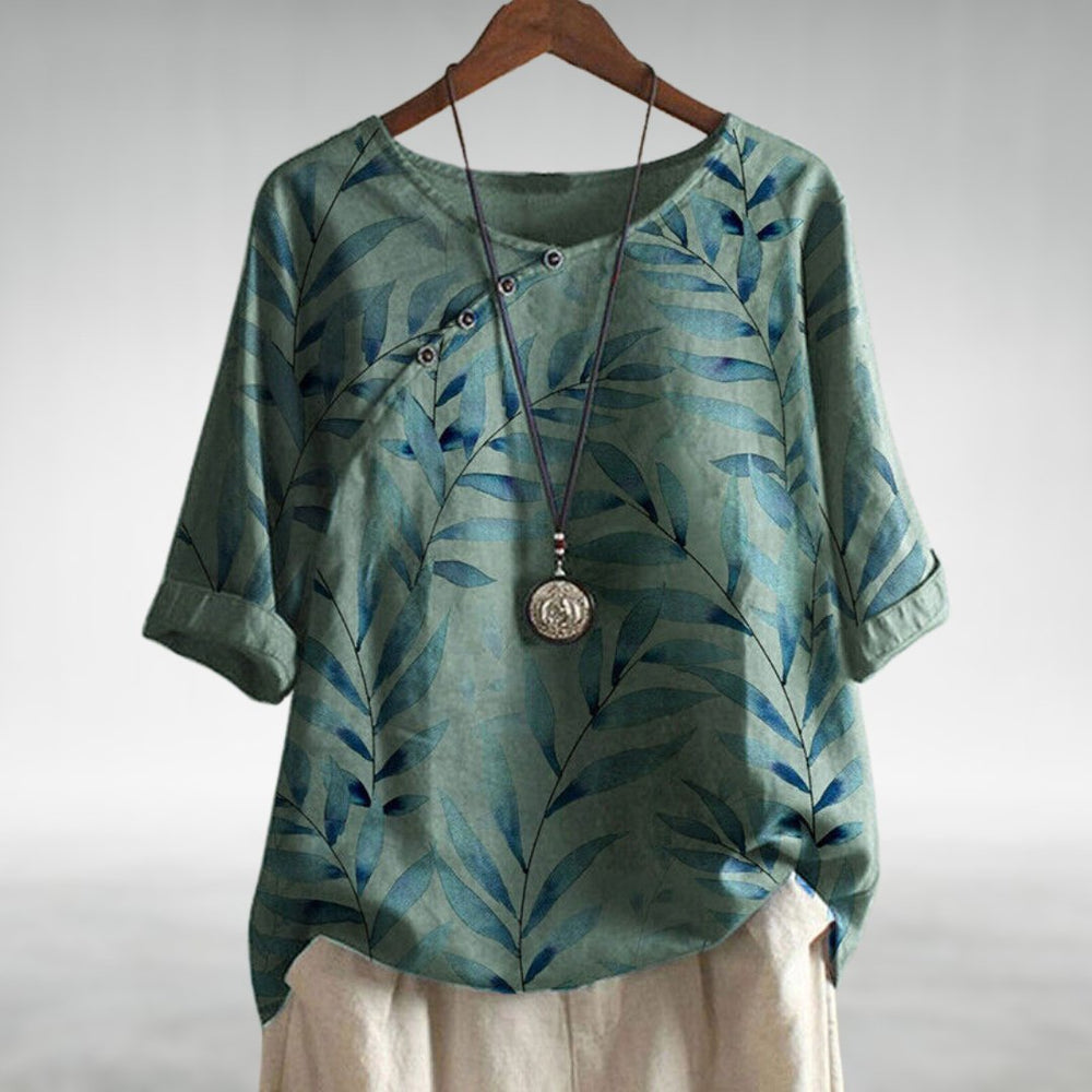 Women's Relaxed-Fit Watercolor Leaf-Print Linen-Look Top - Green