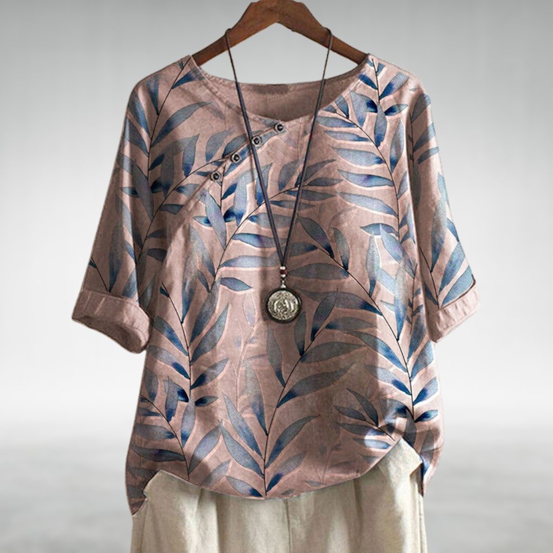 Women's Relaxed-Fit Watercolor Leaf-Print Linen-Look Top - Pink