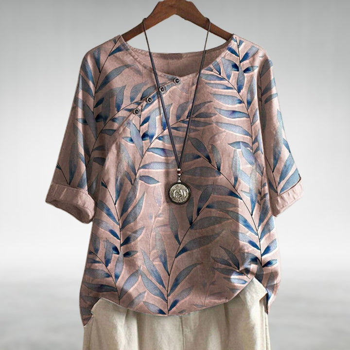 Women's Relaxed-Fit Watercolor Leaf-Print Linen-Look Top - Pink