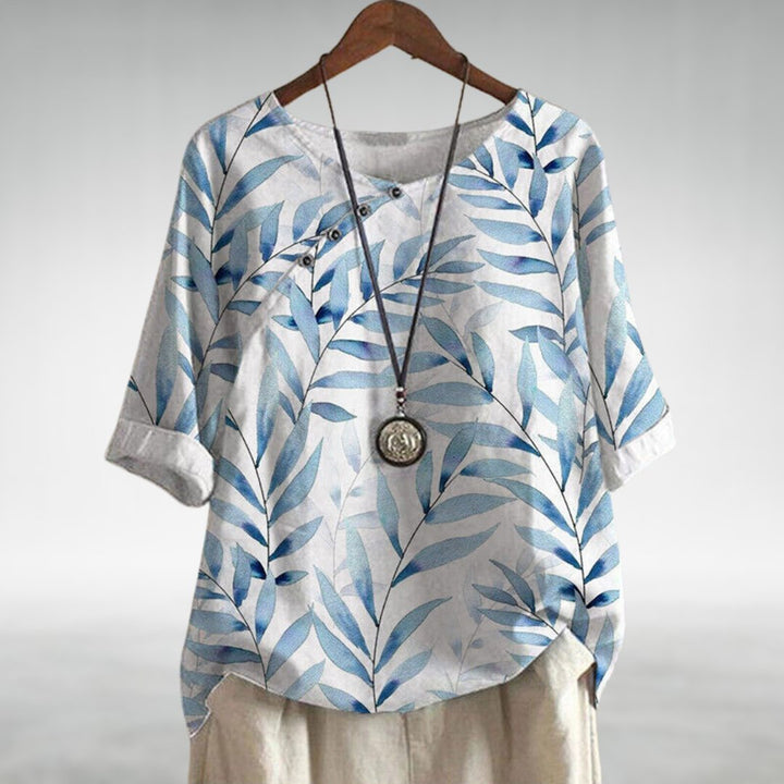 Women's Relaxed-Fit Watercolor Leaf-Print Linen-Look Top - White