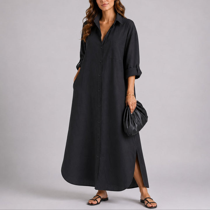 Women's Relaxed Linen Maxi Shirt Dress Fall Wedding Guest Dresses - Black