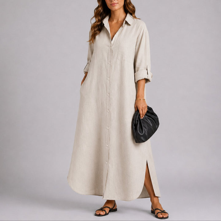 Women's Relaxed Linen Maxi Shirt Dress Fall Wedding Guest Dresses - Beige