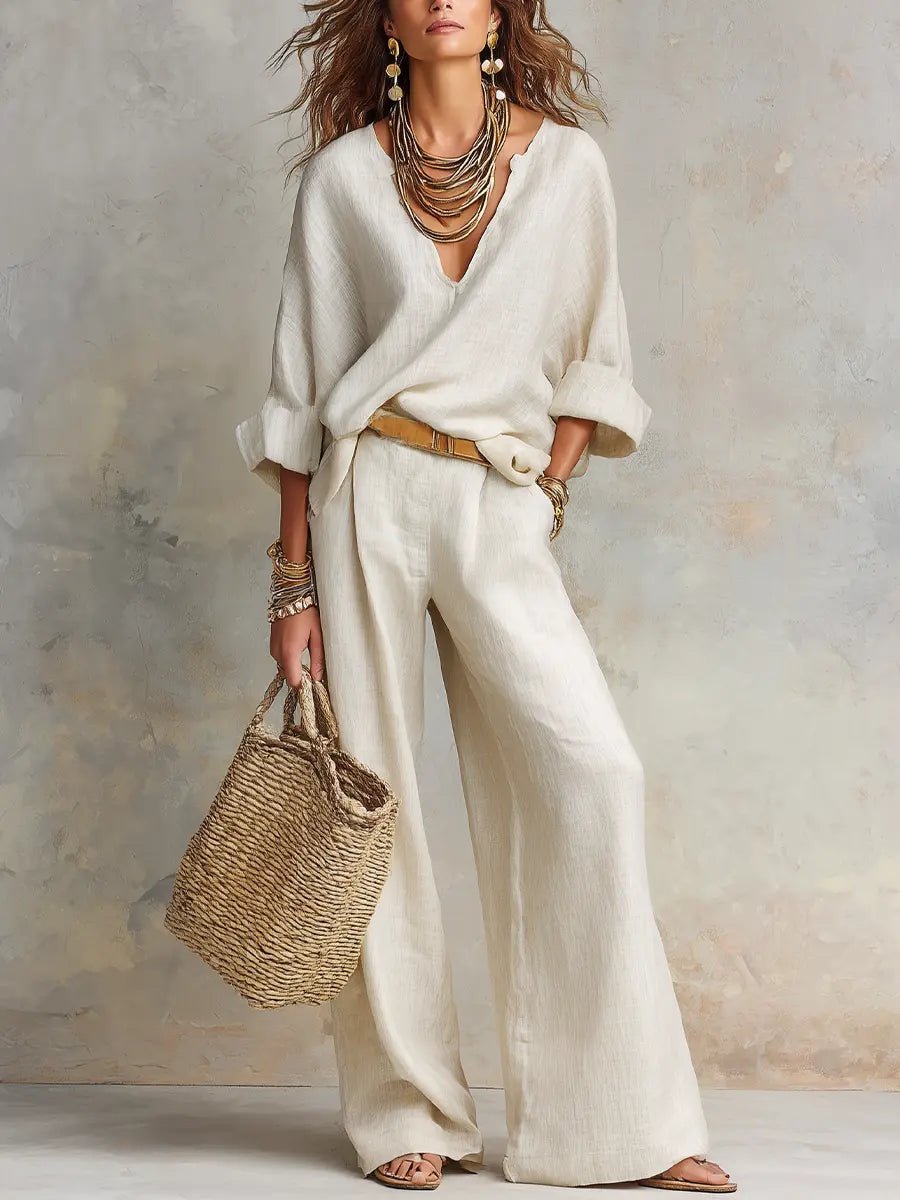 Women's Relaxed Linen V-Neck Wide Leg Pants Two Piece Set - White