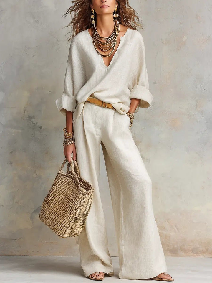 Women's Relaxed Linen V-Neck Wide Leg Pants Two Piece Set - White