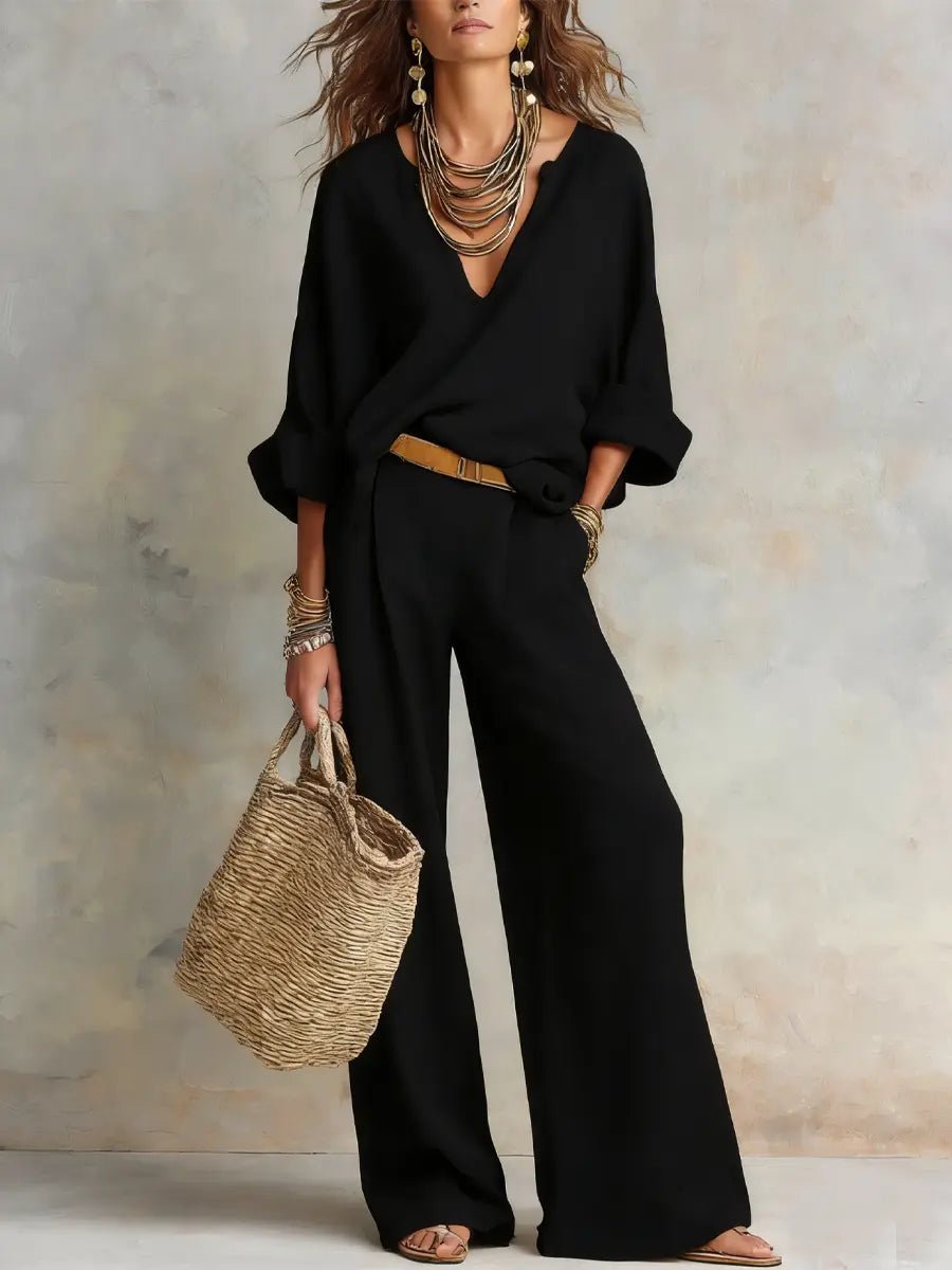 Women's Relaxed Linen V-Neck Wide Leg Pants Two Piece Set - Black