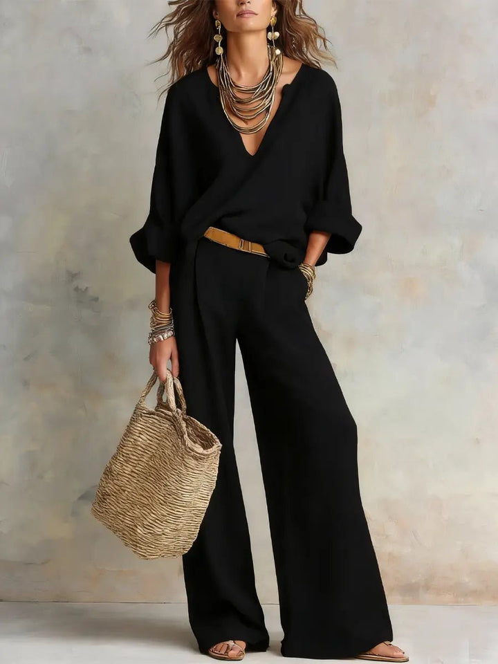Women's Relaxed Linen V-Neck Wide Leg Pants Two Piece Set - Black