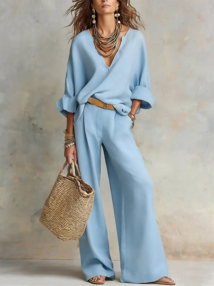 Women's Relaxed Linen V-Neck Wide Leg Pants Two Piece Set - Blue