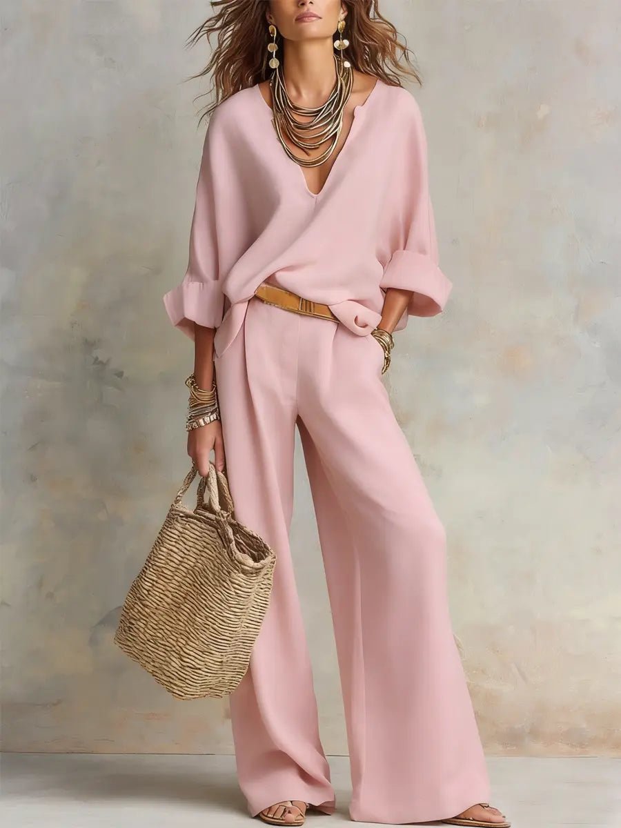 Women's Relaxed Linen V-Neck Wide Leg Pants Two Piece Set - Pink