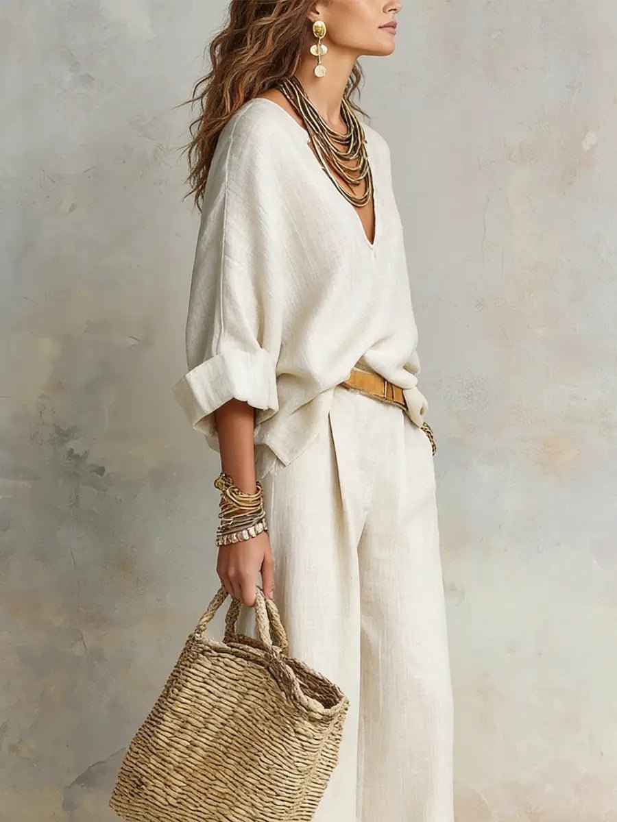Women's Relaxed Linen V-Neck Wide Leg Pants Two Piece Set