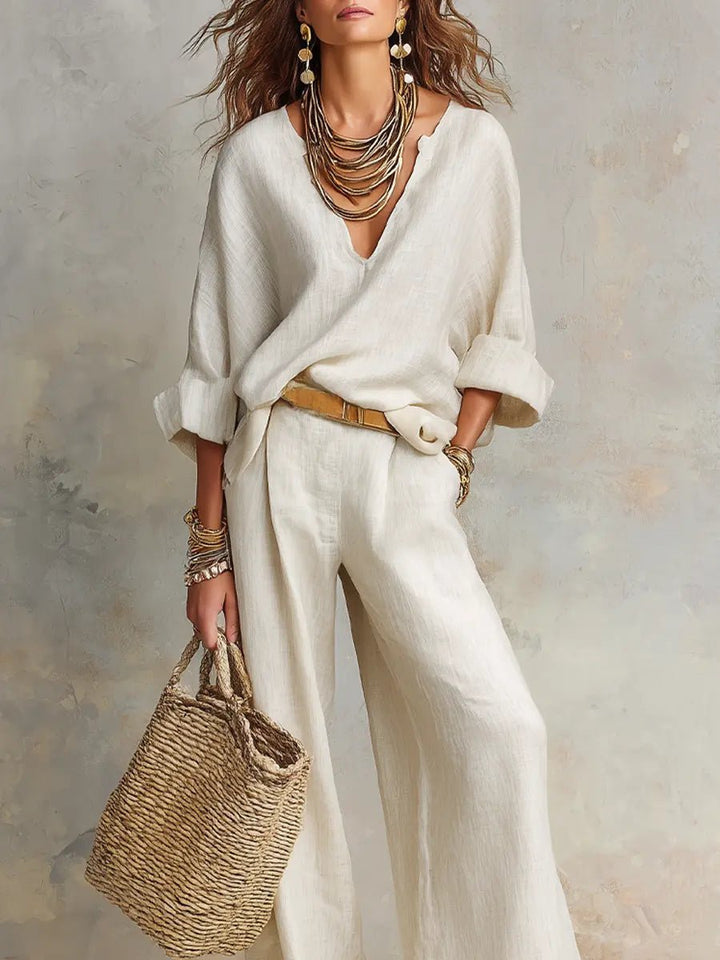 Women's Relaxed Linen V-Neck Wide Leg Pants Two Piece Set
