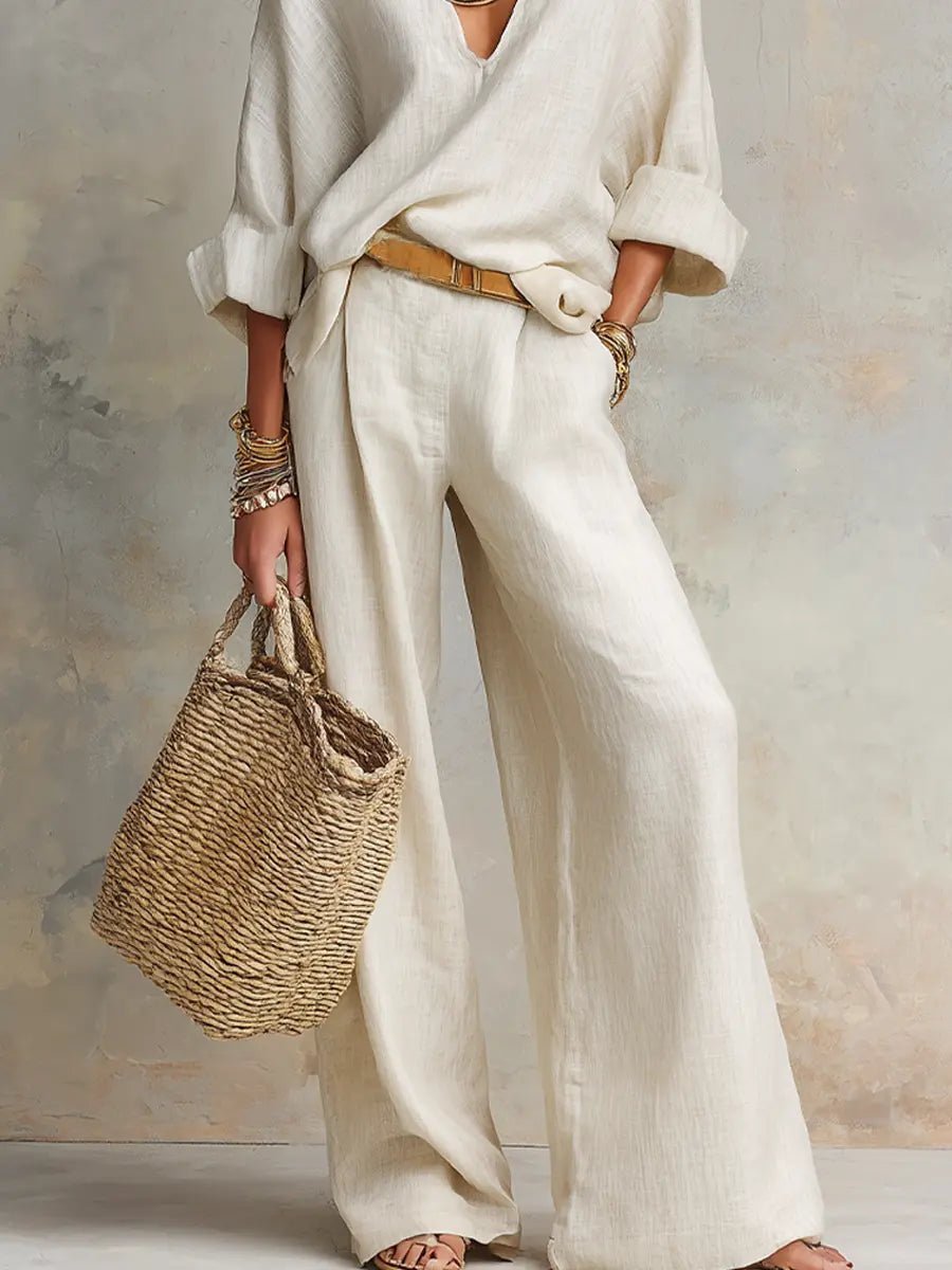 Women's Relaxed Linen V-Neck Wide Leg Pants Two Piece Set