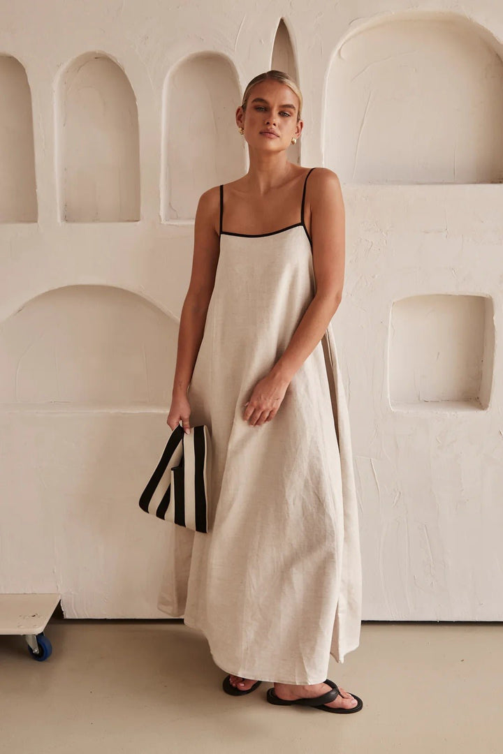 Women's Relaxed Trapeze Linen-Blend Contrast-Trim Maxi Dress