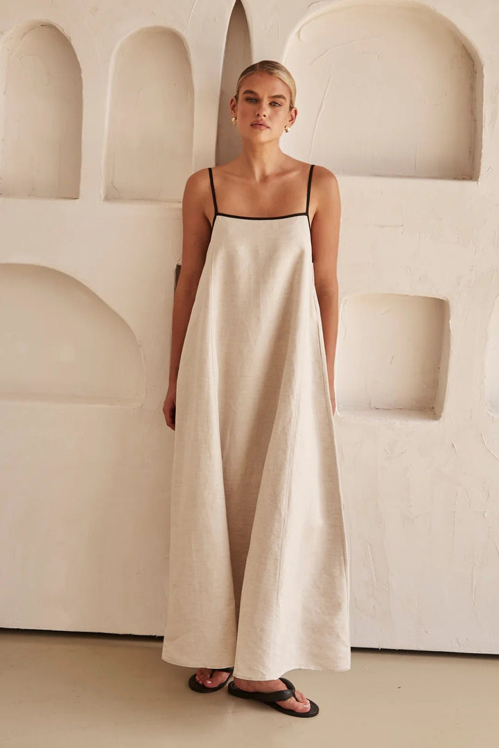 Women's Relaxed Trapeze Linen-Blend Contrast-Trim Maxi Dress - Cream