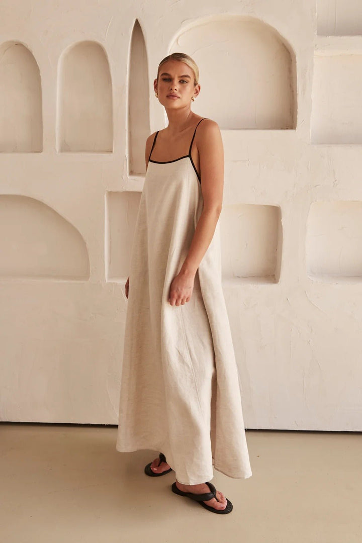 Women's Relaxed Trapeze Linen-Blend Contrast-Trim Maxi Dress
