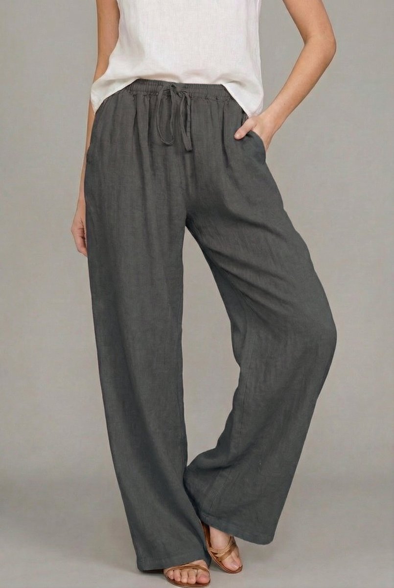Women's Relaxed Wide Leg Pants Linen Drawstring Waist - Dark Gray