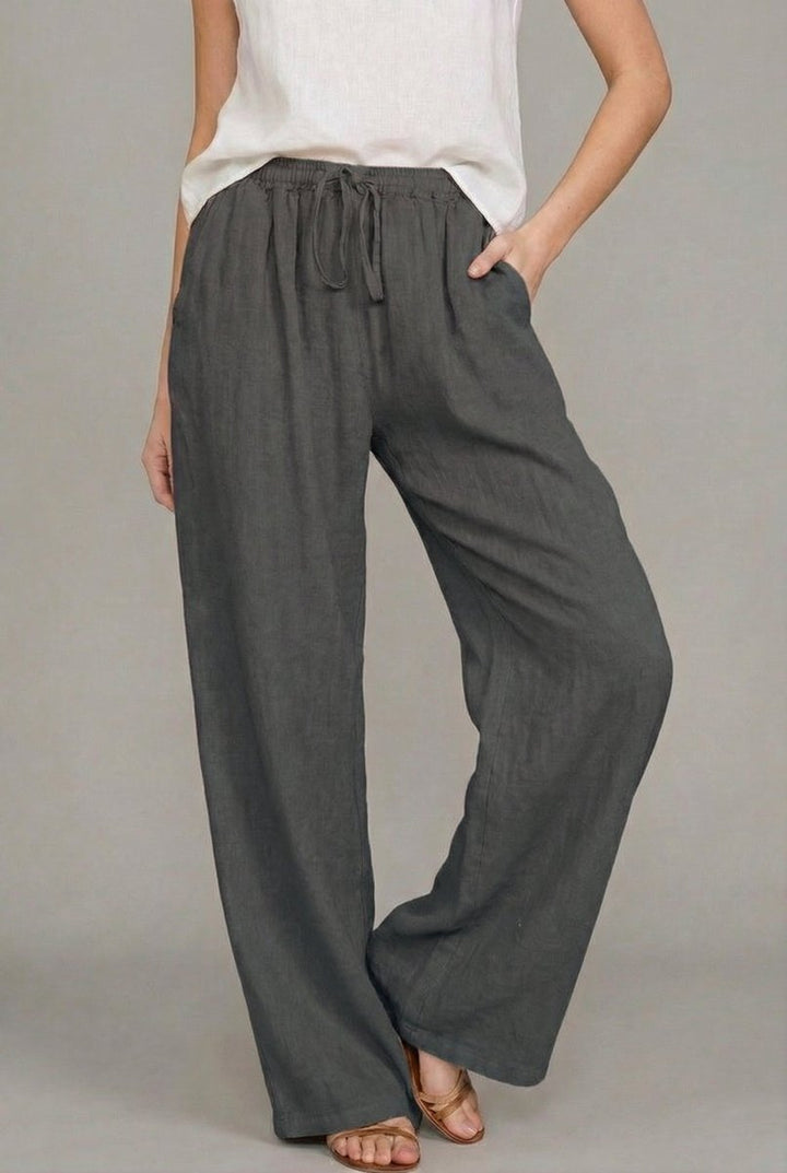 Women's Relaxed Wide Leg Pants Linen Drawstring Waist - Dark Gray