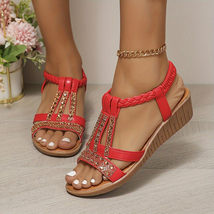 Women's Rhinestone T-Strap Braided Wedge Sandals - Red
