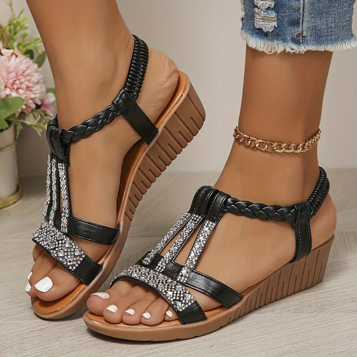 Women's Rhinestone T-Strap Braided Wedge Sandals - Black
