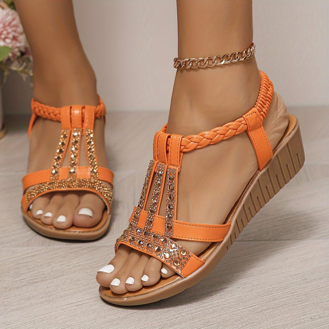 Women's Rhinestone T-Strap Braided Wedge Sandals - Orange