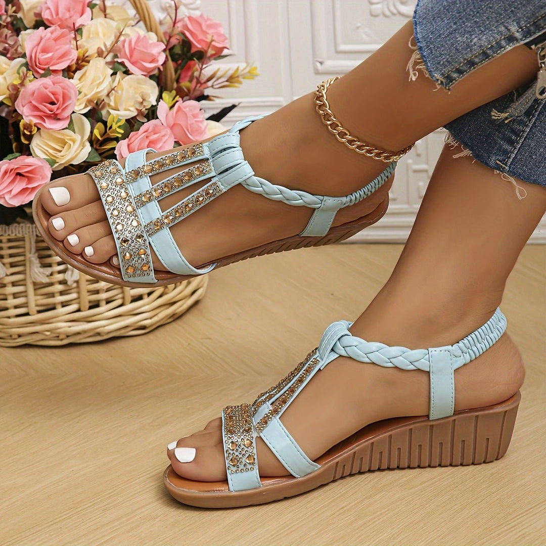 Women's Rhinestone T-Strap Braided Wedge Sandals - Light Blue
