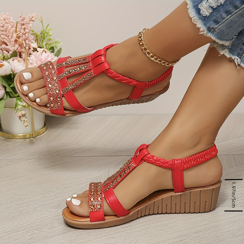 Women's Rhinestone T-Strap Braided Wedge Sandals