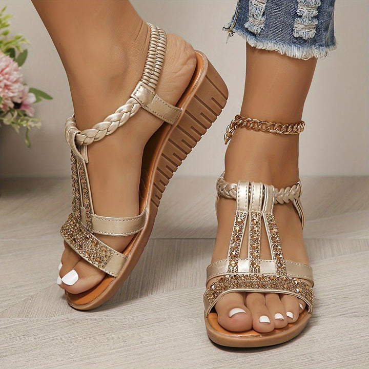 Women's Rhinestone T-Strap Braided Wedge Sandals - Rose Gold