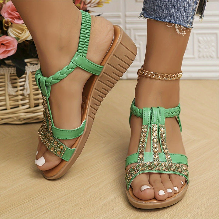 Women's Rhinestone T-Strap Braided Wedge Sandals