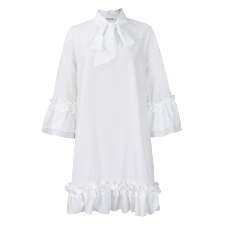 Women's Ruffle-Hem Bow-Neck Tunic Mini Dress - Weiß