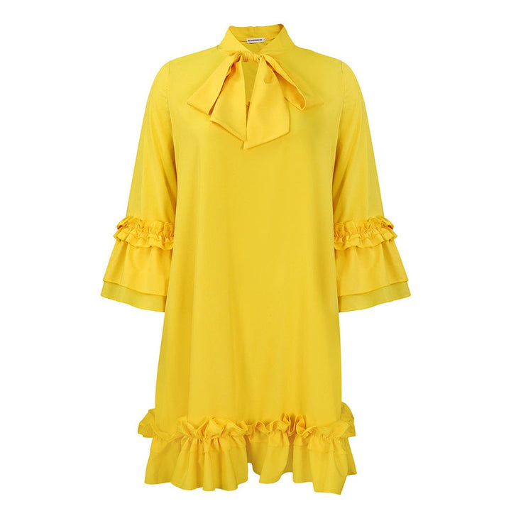 Women's Ruffle-Hem Bow-Neck Tunic Mini Dress - Gelb