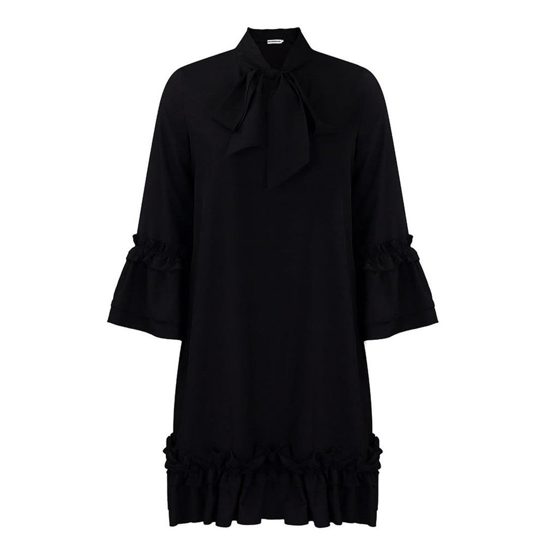 Women's Ruffle-Hem Bow-Neck Tunic Mini Dress - Schwarz