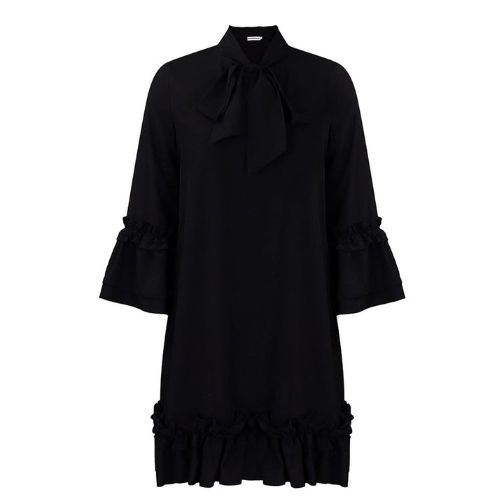 Women's Ruffle-Hem Bow-Neck Tunic Mini Dress - Schwarz