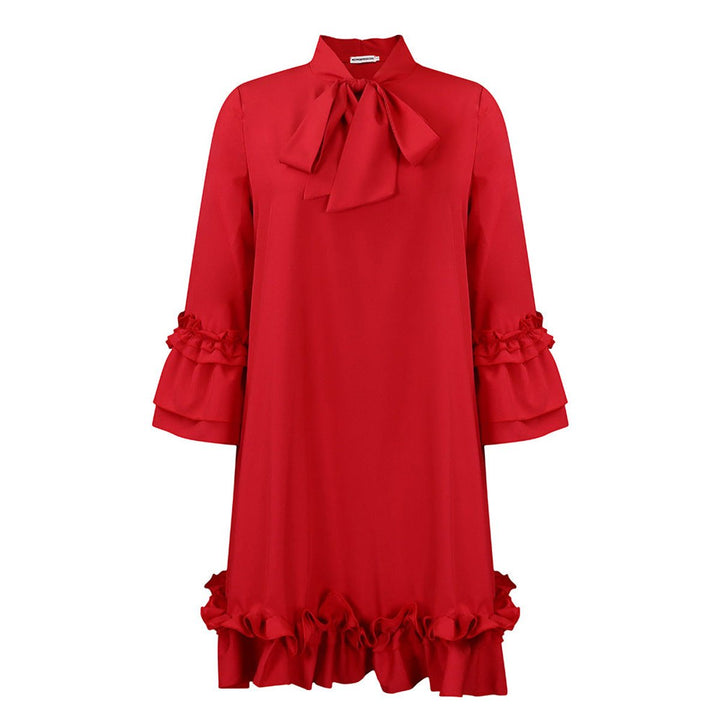 Women's Ruffle-Hem Bow-Neck Tunic Mini Dress - Rot