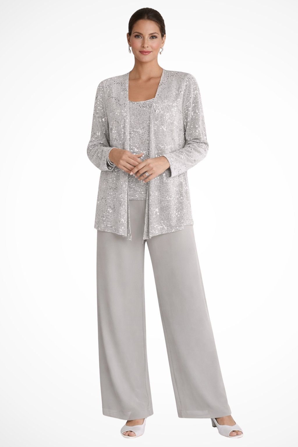 Women's Sequin Three-Piece Wide-Leg Pants Set Sparkle Jacket - Grey