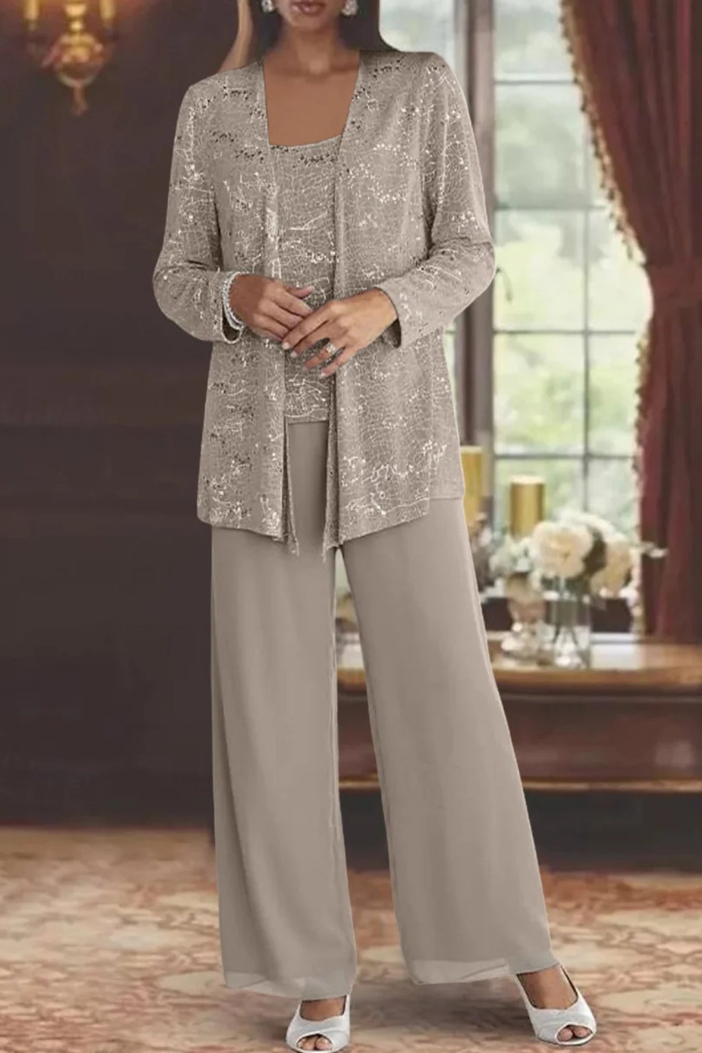 Women's Sequin Three-Piece Wide-Leg Pants Set Sparkle Jacket