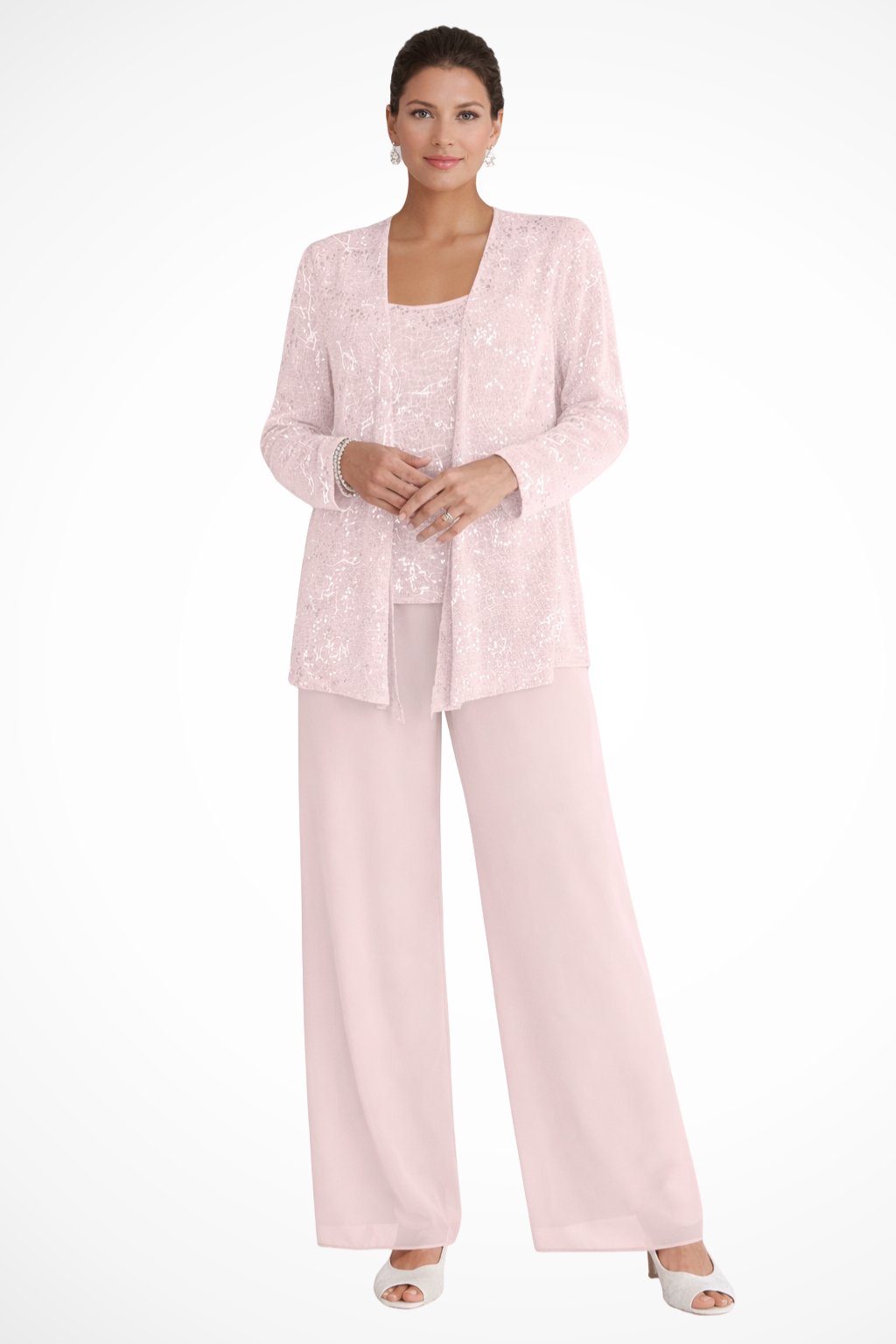 Women's Sequin Three-Piece Wide-Leg Pants Set Sparkle Jacket - Light Pink
